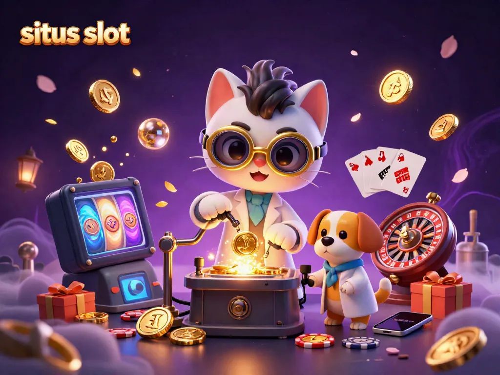 Engage with the dynamic gameplay at situs slot, featuring a whimsical mad scientist cat and loyal dog in a vibrant casino setting.