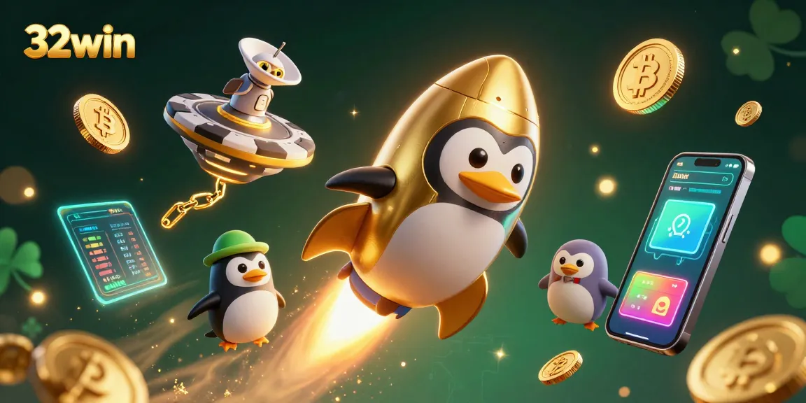 Experience the thrill of 32win as a golden penguin soars through a cosmic casino world, surrounded by crypto elements.