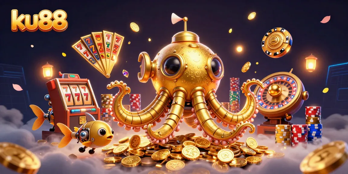 Engage with ku88 in an exciting casino adventure featuring a golden kraken submarine and dynamic gaming elements.