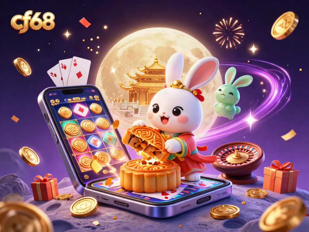 Engage in exciting games with cf68 as the moon rabbit reveals poker chips and game elements.