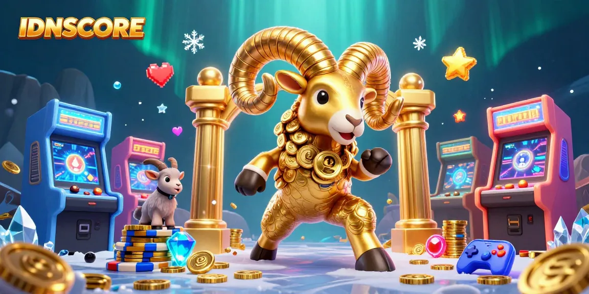 IDNSCORE brings excitement with a golden ram charging through a casino game scene amidst vibrant 3D elements.