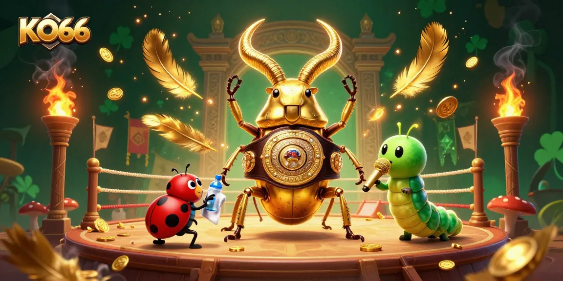 Watch KO66's gaming showdown with a golden stag beetle champion in a vibrant casino setting.