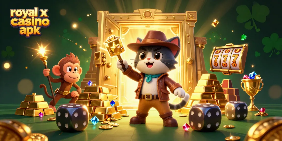 Engage with the royal x casino apk in this vibrant, treasure-filled 3D illustration of casino-themed characters.