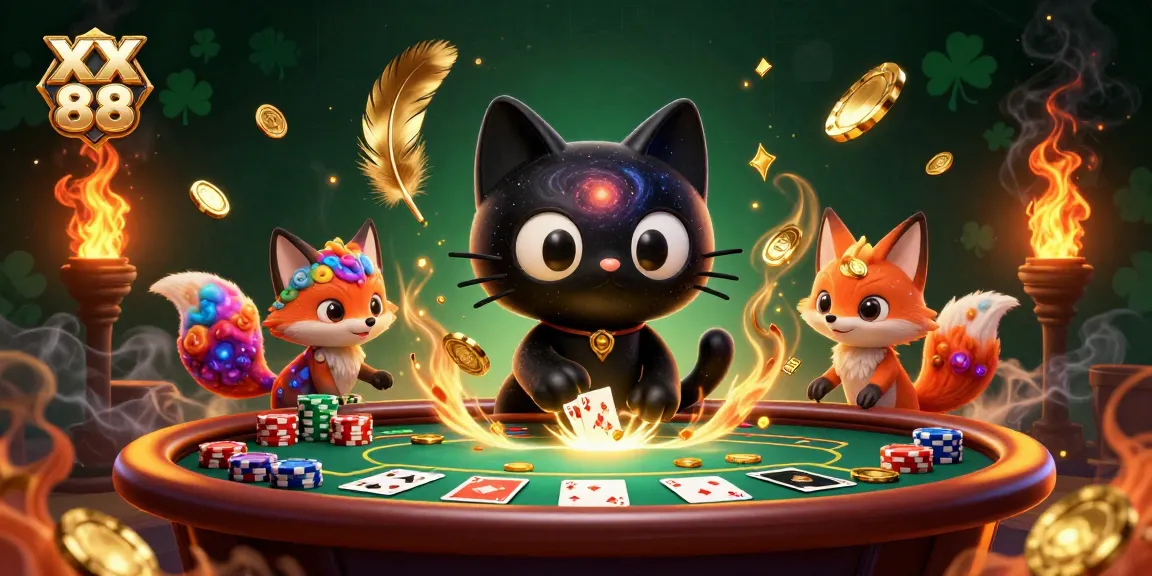 Engage in the exciting world of XX 88 with golden poker chips and a cosmic cat pulling in winnings.