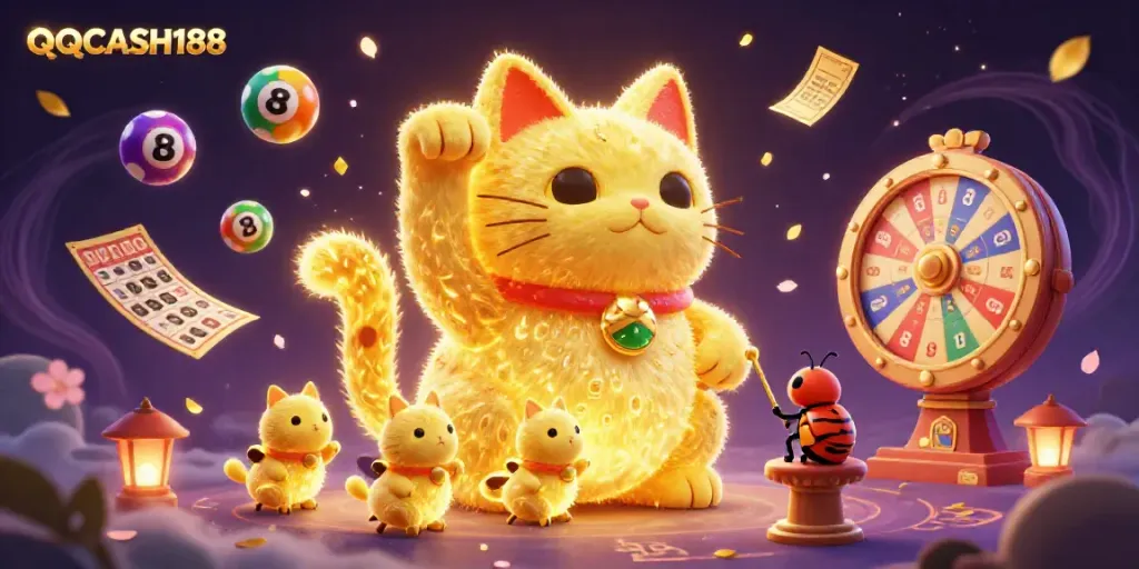 Engage with QQCASH188's vibrant gaming world featuring a giant lucky cat and dynamic casino symbols.