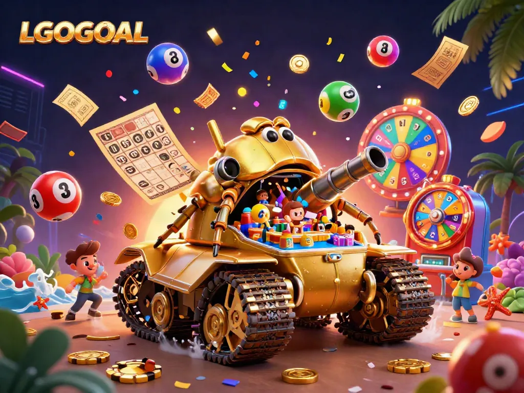Experience exciting gameplay at LGOGOAL with a vibrant 3D digital casino scene full of colorful game elements.