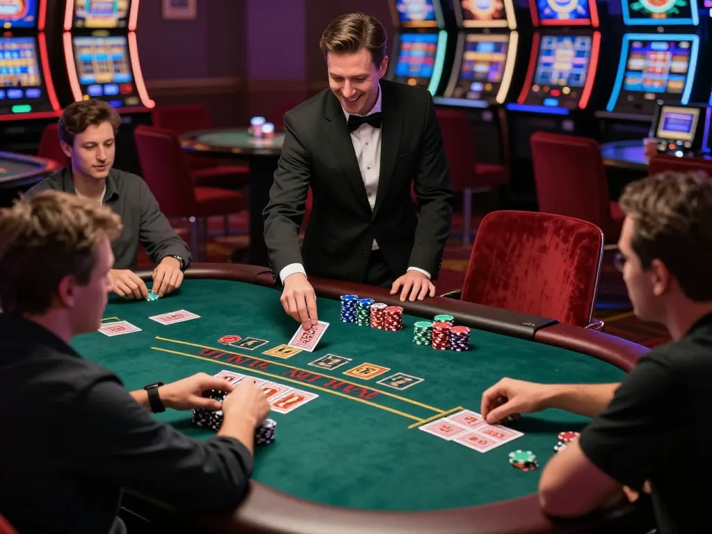 Players enjoying blackjack gameplay at gamebaidoithuong8 casino table, capturing strategic betting moments.