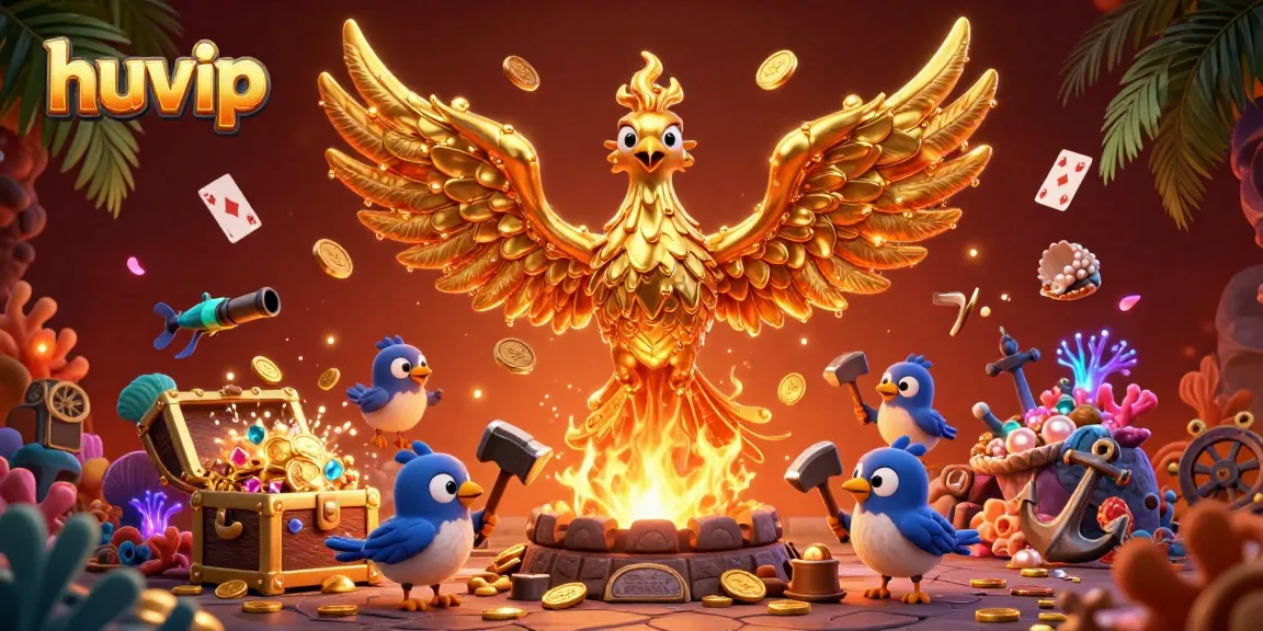 Step into the vibrant world of huvip as molten gold pours from a phoenix, surrounded by exciting gaming elements.