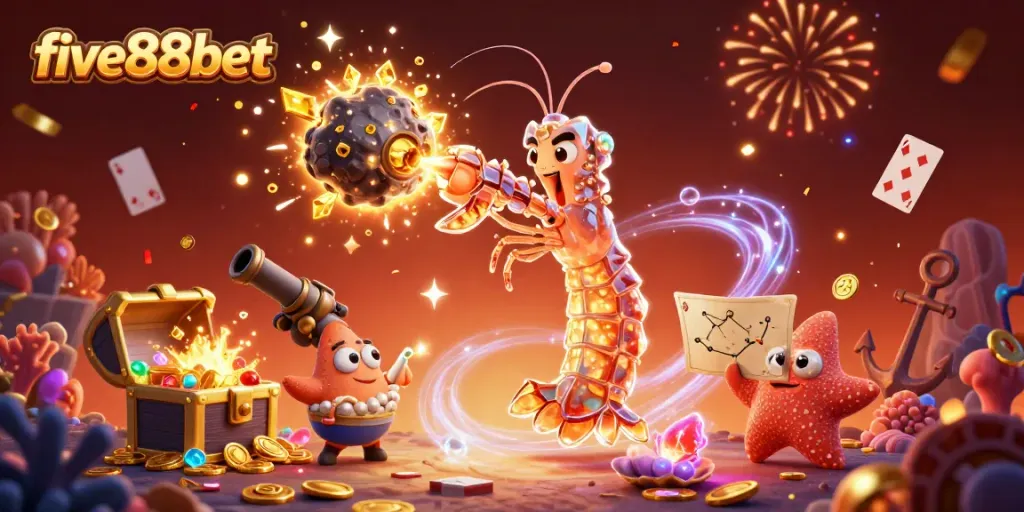 Experience the excitement of five88bet with a vibrant 3D illustration of samurai mantis shrimp and treasure