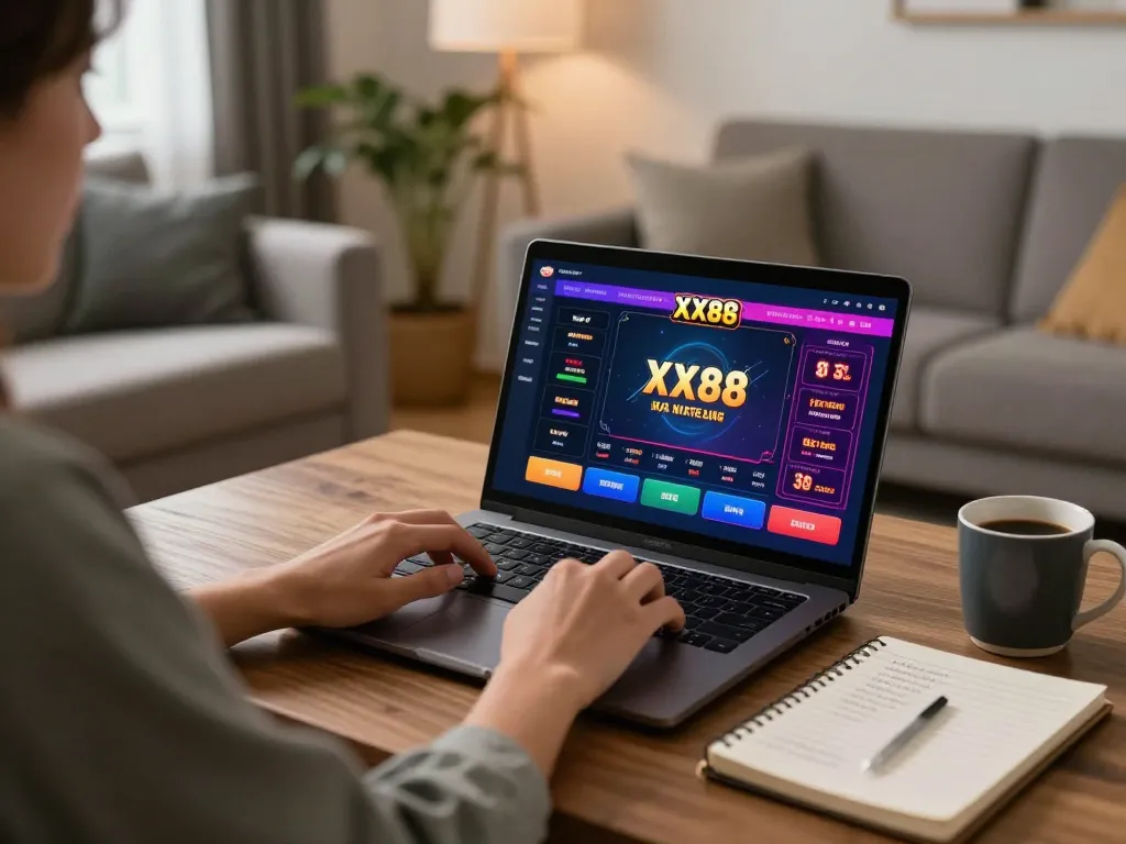 Player enjoying online casino action at XX88 while analyzing betting strategies in a cozy home setting