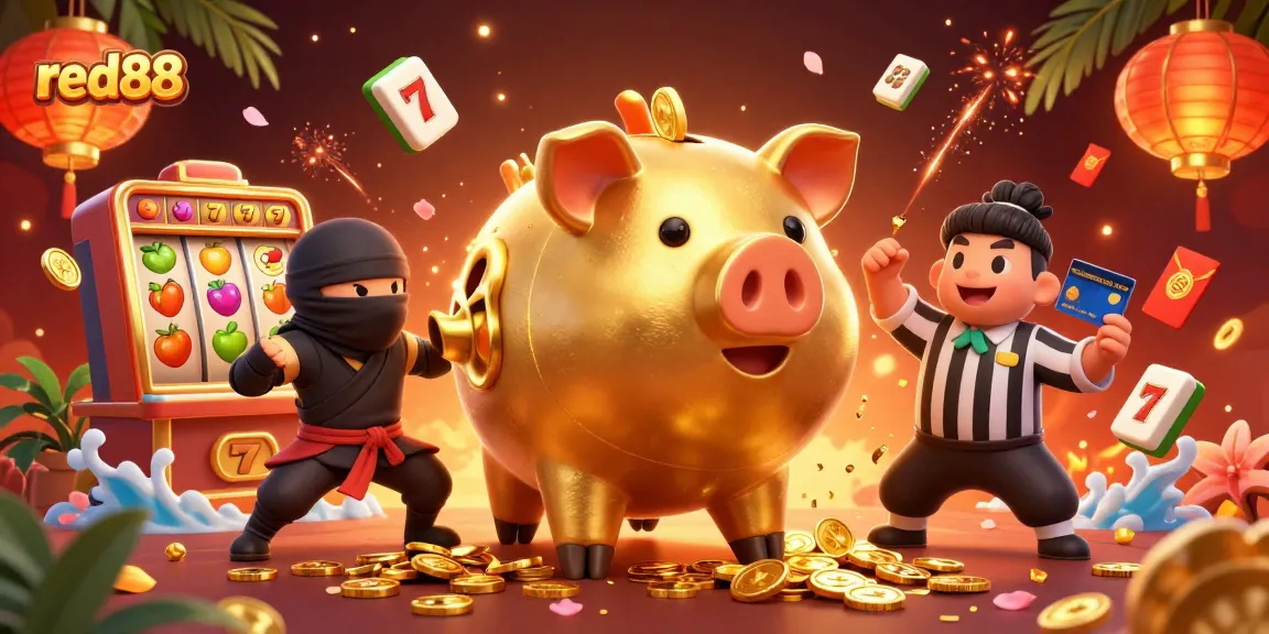 Experience the excitement at red88 with a piggy bank sumo wrestler and dynamic slot action.