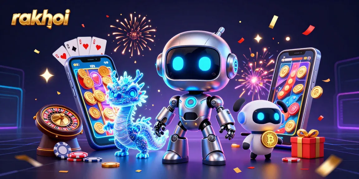 Engage with the thrilling world of rakhoi as a vibrant cyberpunk robot and companions celebrate wins in a dynamic casino scene.