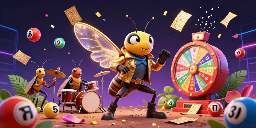 Experience the excitement of MPO08 with a stunning 3D illustration featuring a cicada rock star, lottery games, and dynamic casino elements.