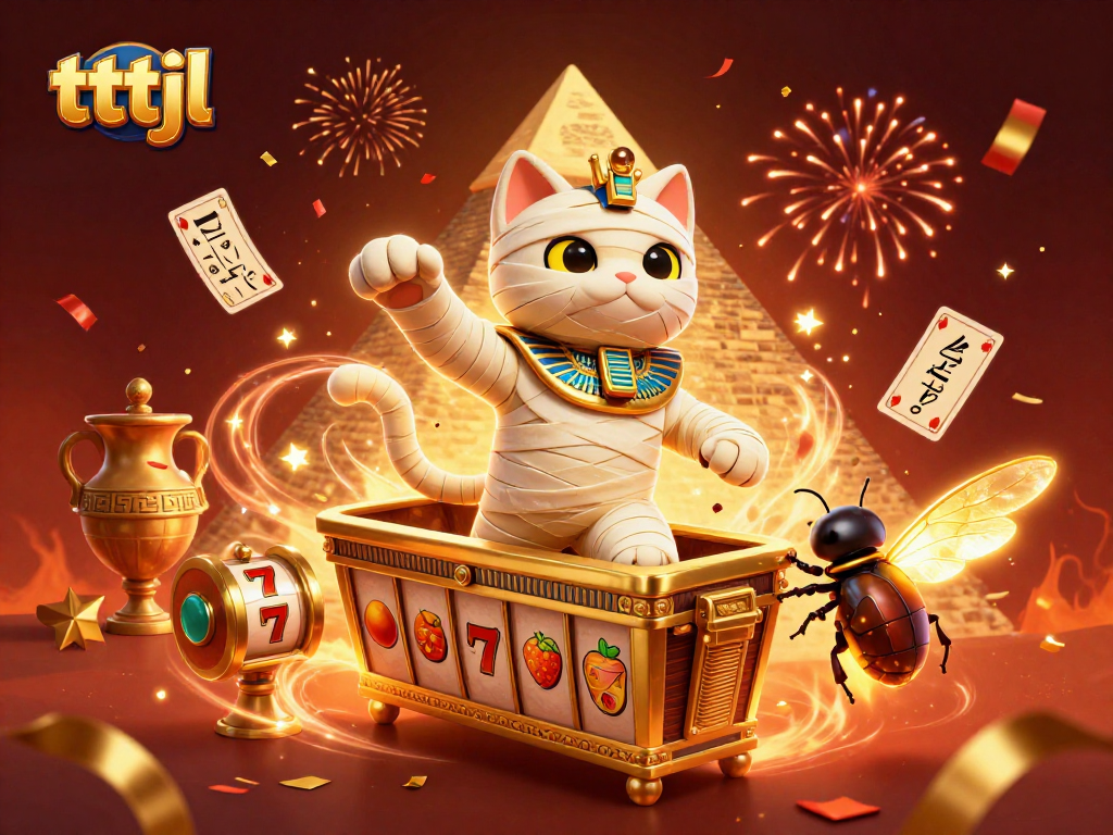 Engage with tttjl's lively Egyptian casino scene featuring a mummy cat and slot reels.