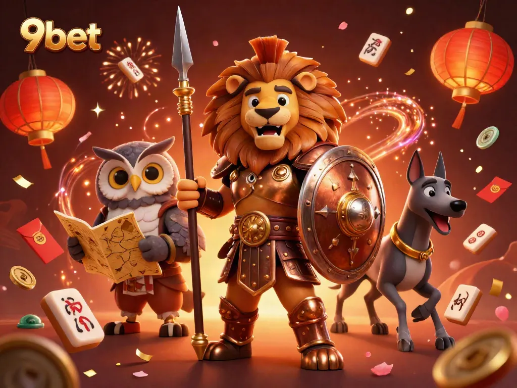 Win big at 9bet with a captivating scene featuring lion, owl, and greyhound surrounded by festive elements.
