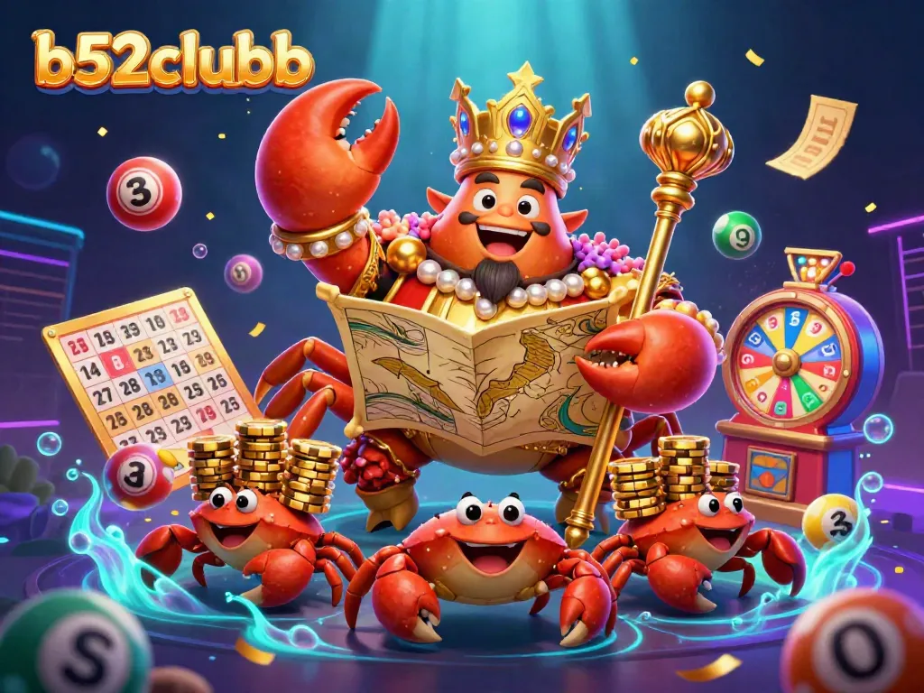 B52clubb captures the excitement of casino gaming with vibrant elements and a golden crab emperor in a lively scene.