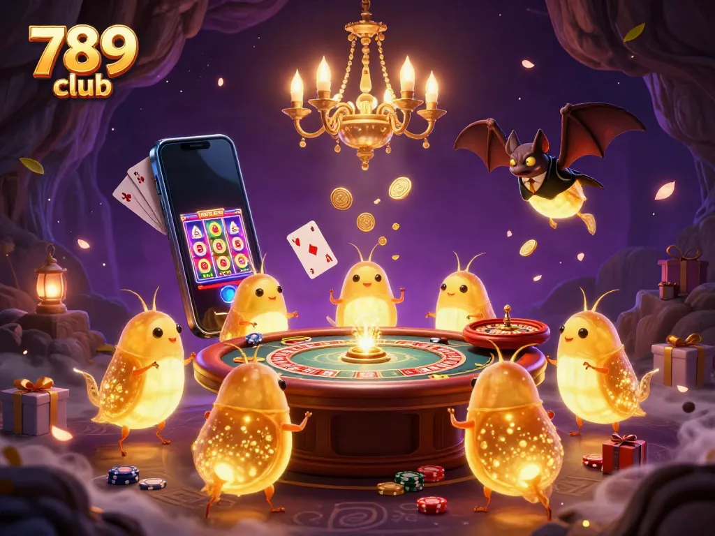 Enter the enchanting 789 club casino illuminated by glowworms and featuring vibrant gaming elements.