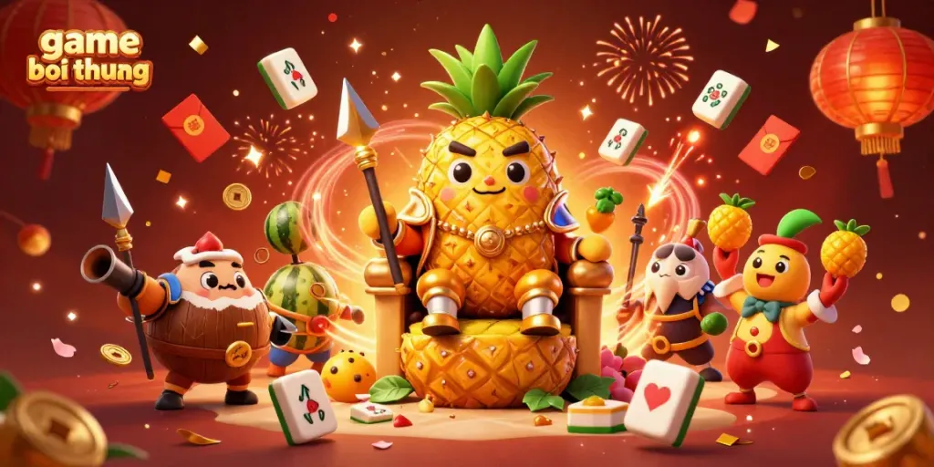 Enjoy thrilling game bai doi thuong action with golden pineapple king and festive atmosphere.