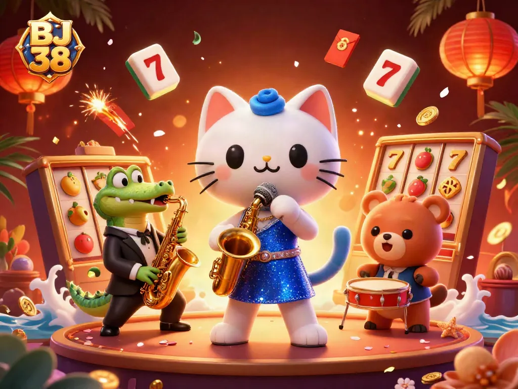 Experience gaming excitement at BJ 38 with a vibrant scene of musical characters celebrating wins.
