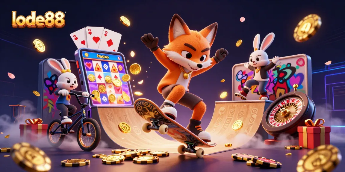Experience thrilling lode88 adventures with a vibrant scene of playful casino characters.