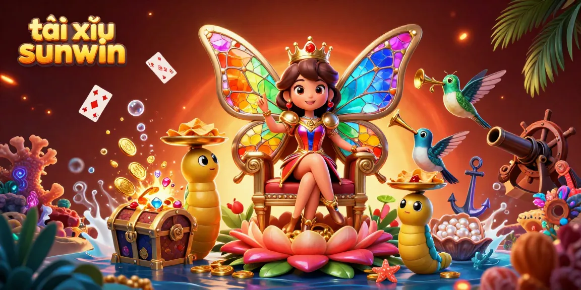 A 3D illustration of tài xỉu sunwin, featuring a butterfly queen, caterpillar servants, and gold coins amidst vibrant casino elements.