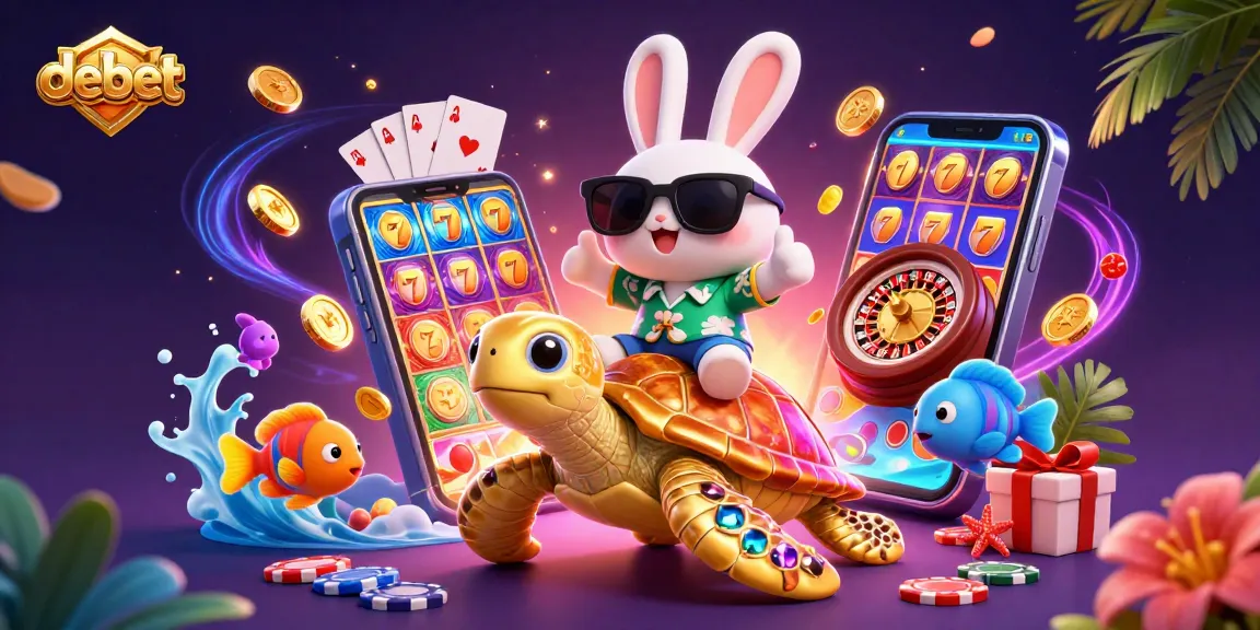 Experience the thrill of debet with a lucky rabbit and a golden turtle amidst vibrant casino elements.