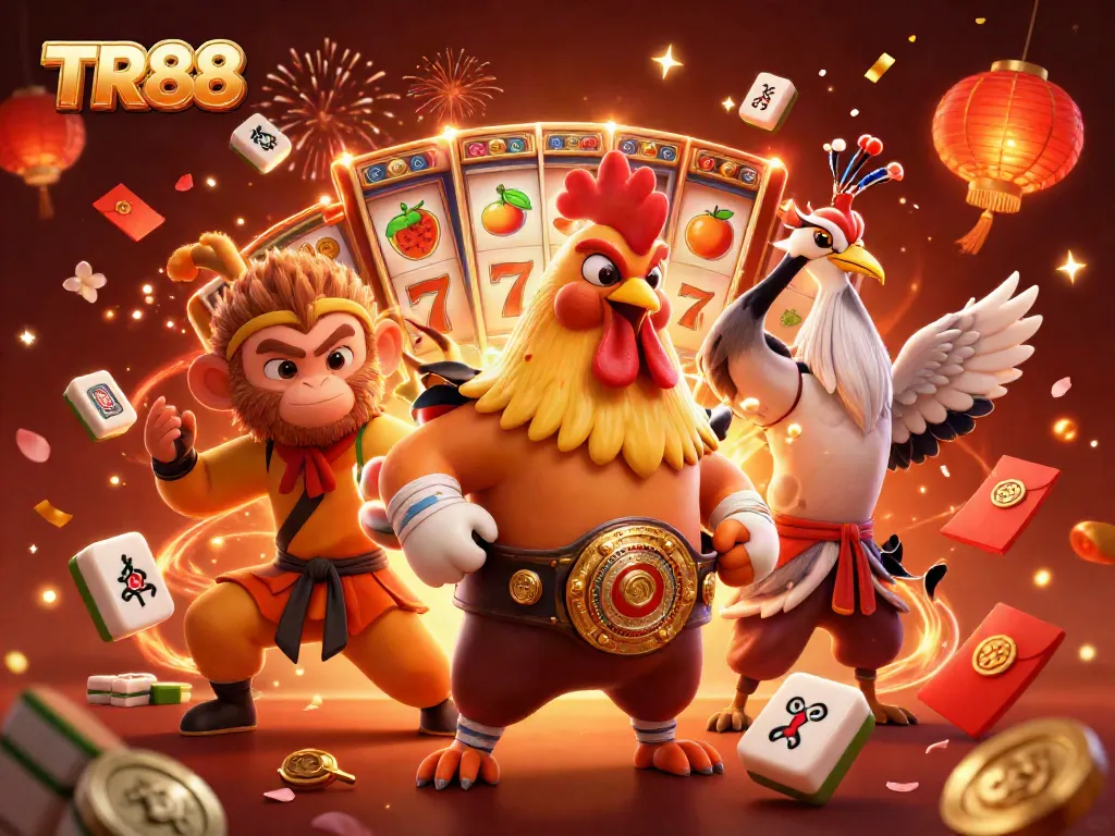 Engage with TR88 slots through a thrilling scene featuring martial arts characters amidst gold-winning symbols.