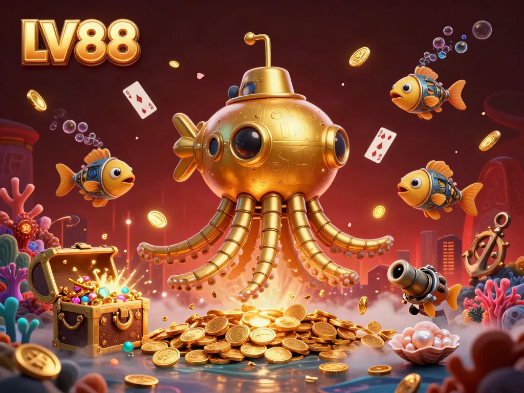 Experience LV88 with a vibrant 3D scene featuring a golden kraken submarine and mechanical fish amidst treasure chests and glowing coral.