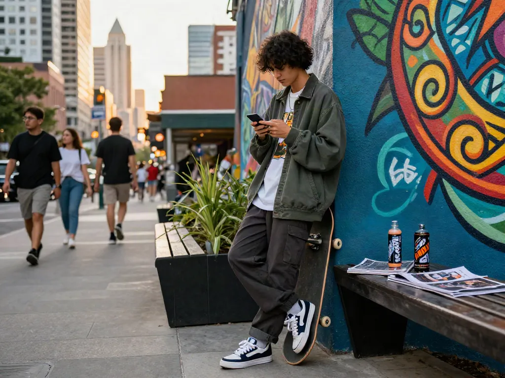 Stylish individual in streetwear checking social media, rokok88 vibes in urban setting
