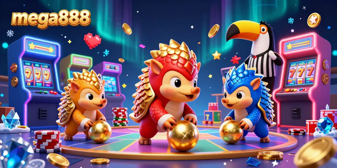 Engage in thrilling mega888 slots action with dynamic pangolins bowling golden balls amidst casino-themed arcade excitement.