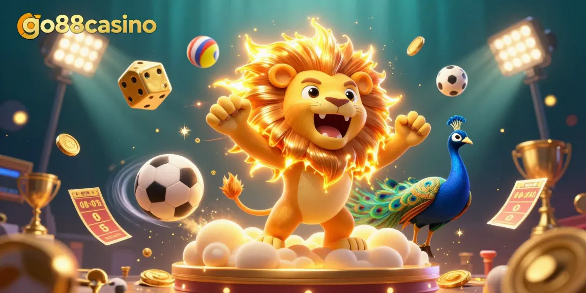 Engage with go88casino's thrilling games featuring a roaring golden lion and dynamic sports elements.