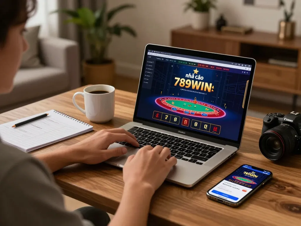 A gambler enjoying live dealer blackjack at nhà cái 789WIN using a laptop in a cozy home setup.