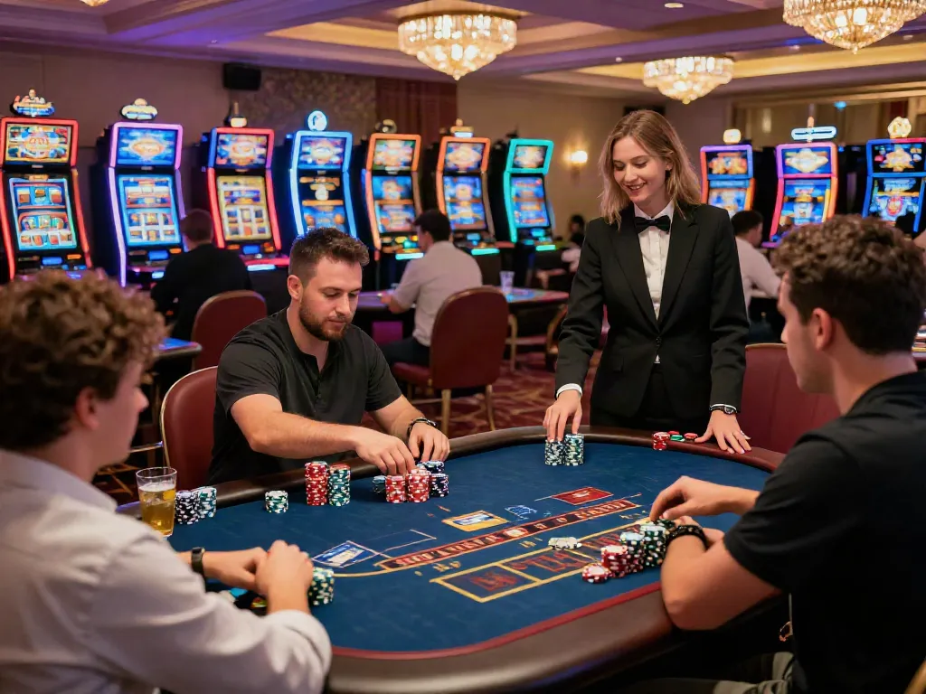 Exciting scene at a credit card casino, with players enjoying games and vibrant atmosphere filled with neon lights.