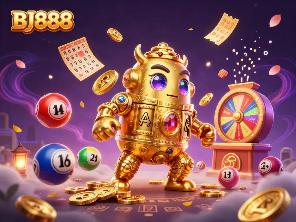 Engage with BJ888 by exploring vibrant lottery and casino elements in this dynamic illustration.