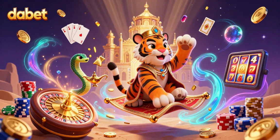 Engage with dabet's thrilling casino adventures surrounded by gold coins and vibrant game elements.