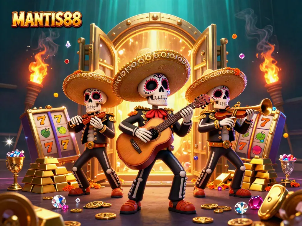 MANTIS88 offers thrilling gaming with vibrant skeleton mariachi band amidst treasures and slot elements.