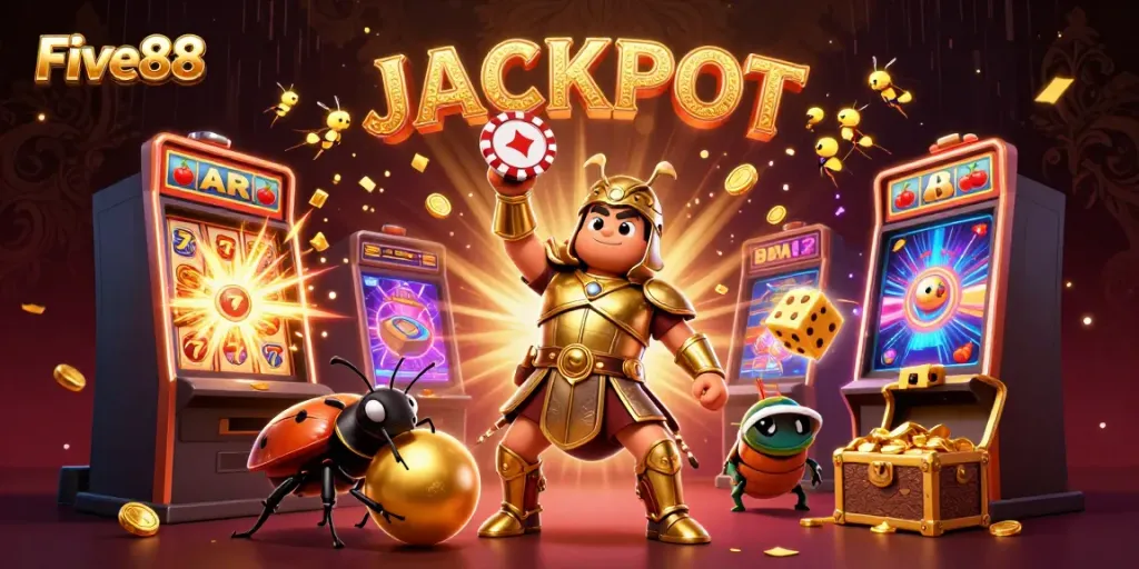 Engage in the excitement of Five88's virtual casino, featuring vibrant characters and thrilling jackpot moments.