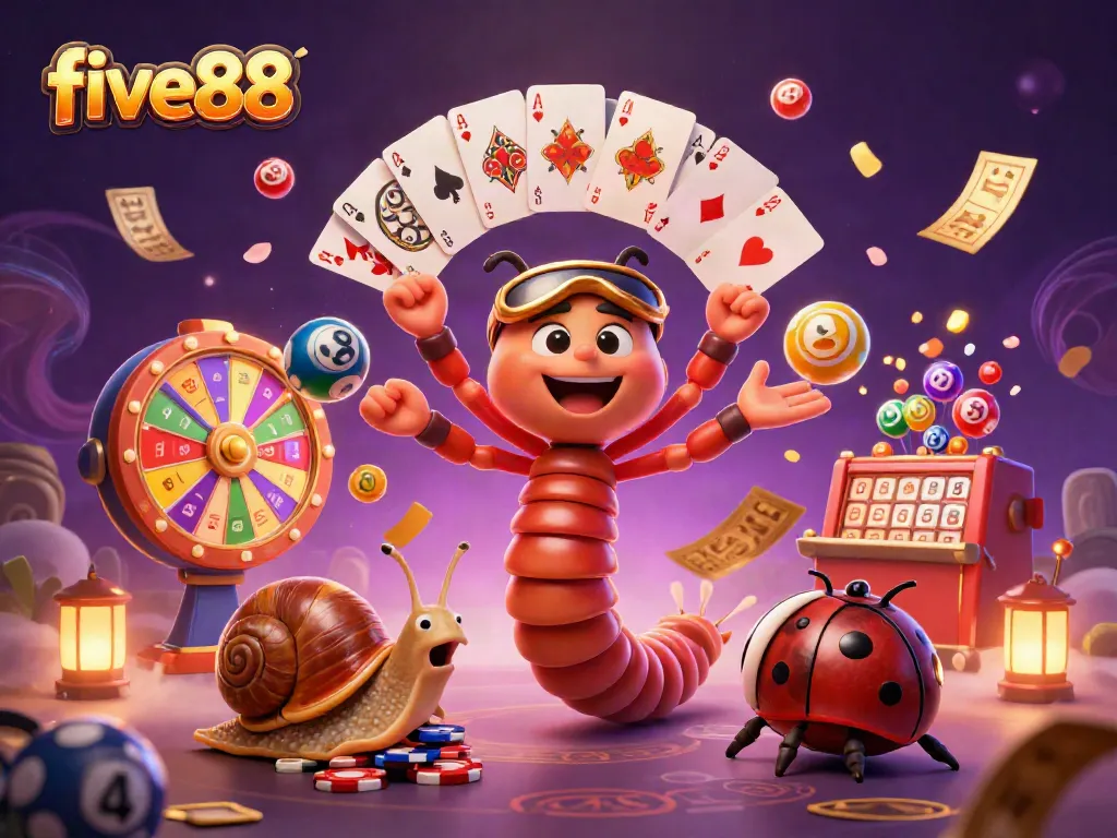 Experience the excitement of five88 with a whimsical 3D casino scene showcasing a millipede dealer, vibrant gaming elements, and lively characters.