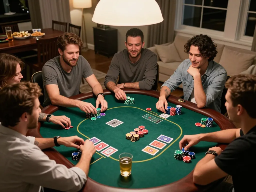 MM88 players strategize in a friendly poker game at home, vibrant atmosphere and snacks present.