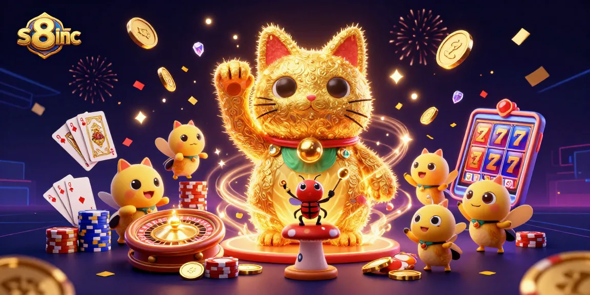 S8inc showcases vibrant 3D casino fun with golden lucky cat and engaging gambling elements.