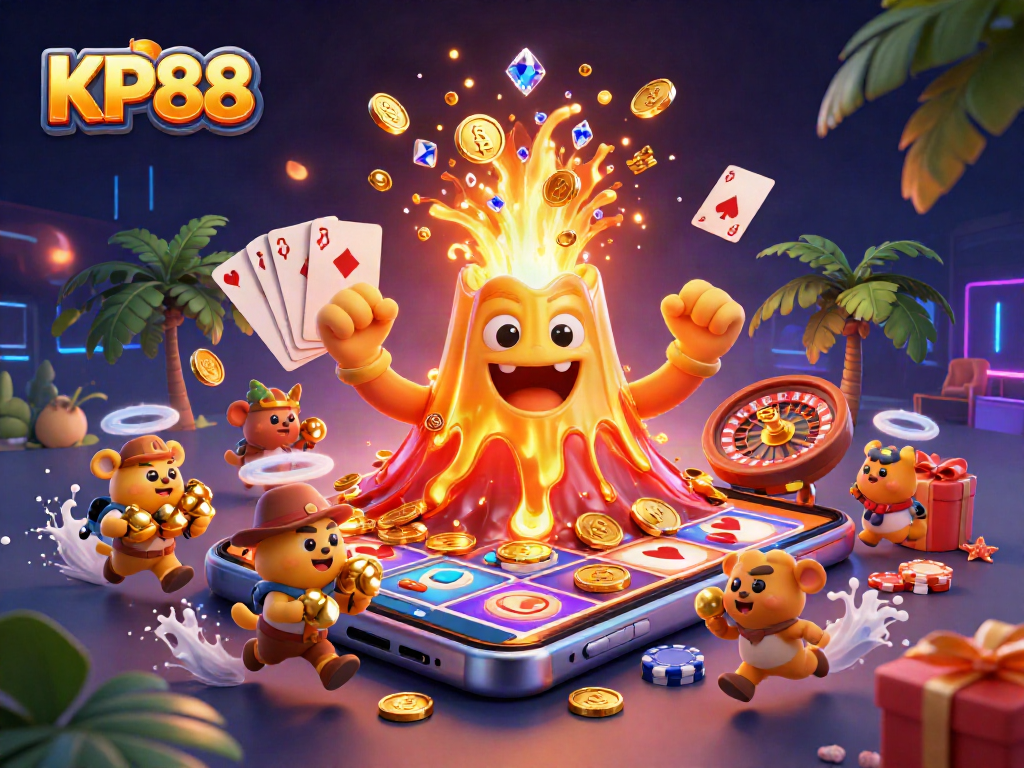 Join the excitement at KP88 with thrilling casino treasures erupting from a golden volcano!