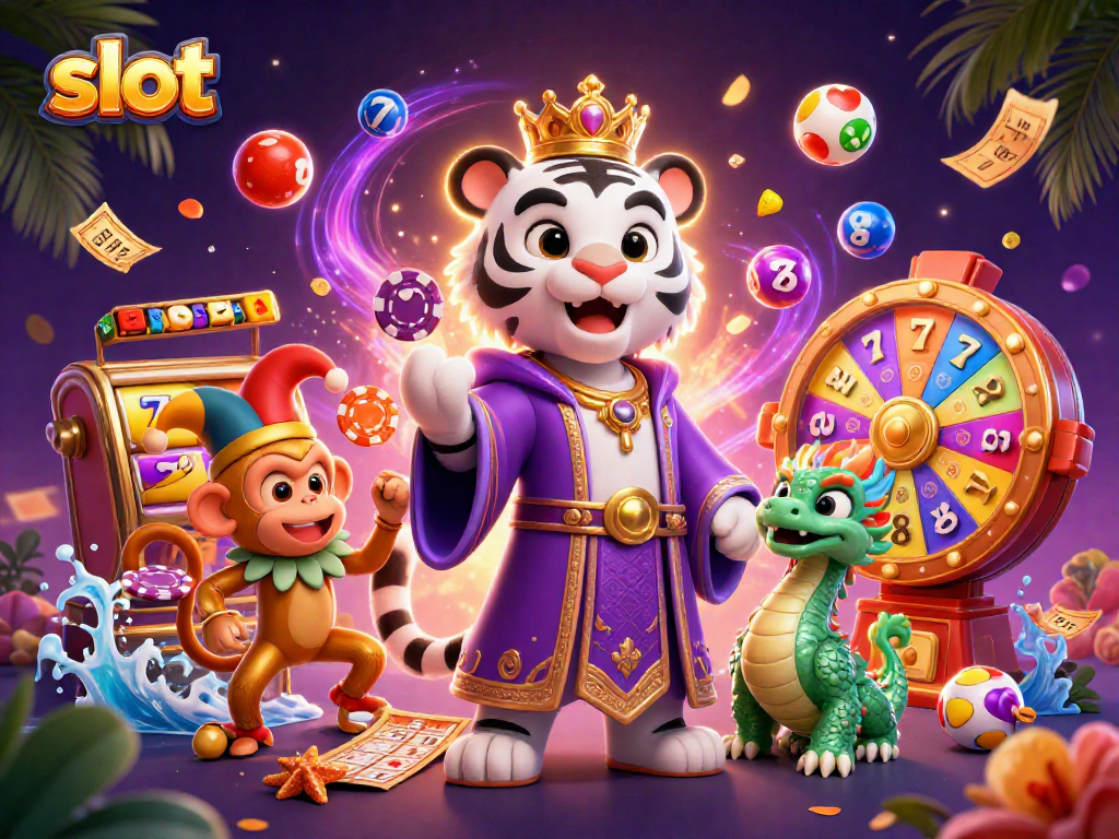 Experience the excitement of slot gaming with dynamic illustrations of a lively casino scene.