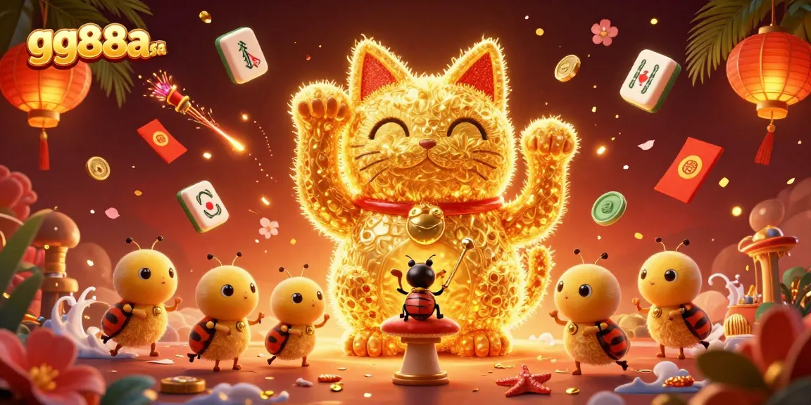 Engage with gg88a sa's vibrant gaming scene featuring a golden lucky cat and casino symbols.