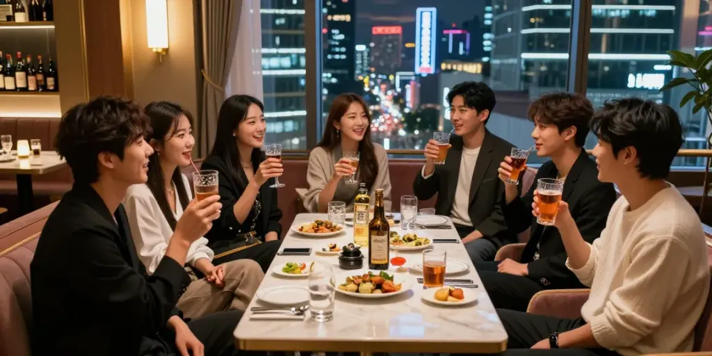 강남구구단 쩜오에서 친구들과 음료를 즐기는 스타일리시한 사교 모임 장면
