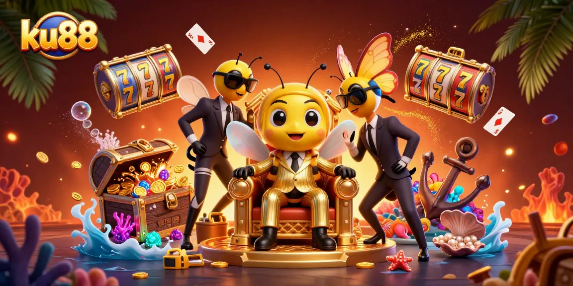 Spin the reels and win with ku88 in a vibrant 3D casino scene featuring animated characters and game elements.