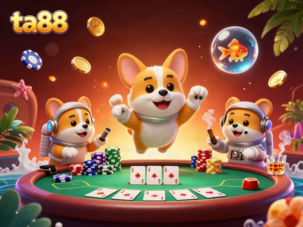 Engage in thrilling ta88 gameplay captured in a vibrant casino scene with a clever corgi and friends.