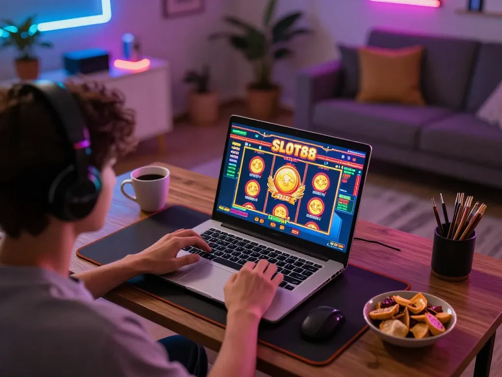 Engaged player enjoying SLOT88 games on a modern laptop at home, surrounded by vibrant decor and LED lights.