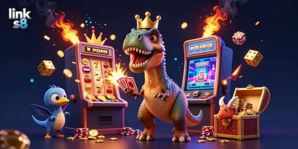 Join the fun at link s8 with a T-Rex shuffling cards while a baby triceratops stacks golden chips.