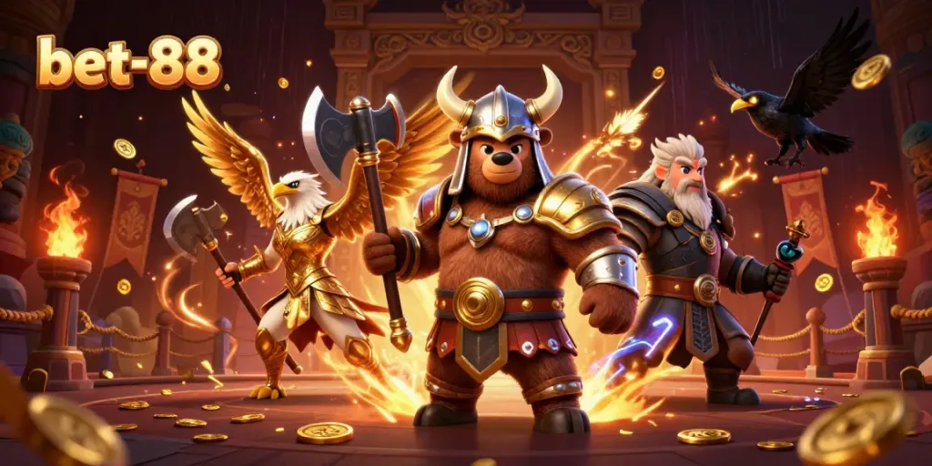 Engaging scene with bet-88 Viking and Valkyrie in a vibrant casino, rich in action and detail.