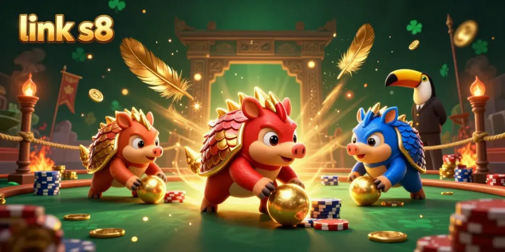 Experience the thrilling action of link s8 with rival pangolins battling over golden chips in a vibrant casino arena.